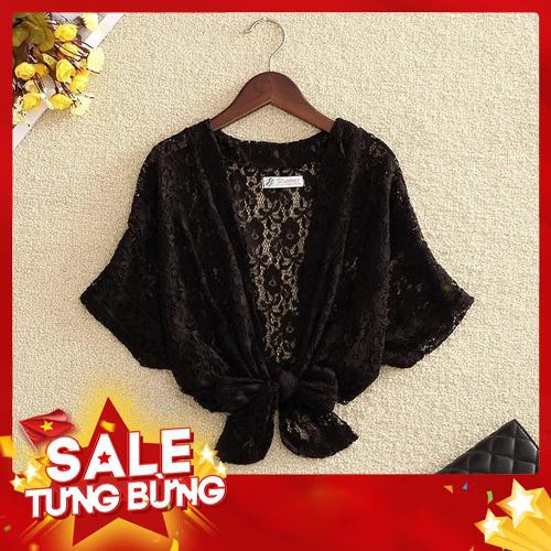 Áo khoác kimono tay ngắn phối ren hoa màu trơn thanh lịch -Hàng nhập khẩu