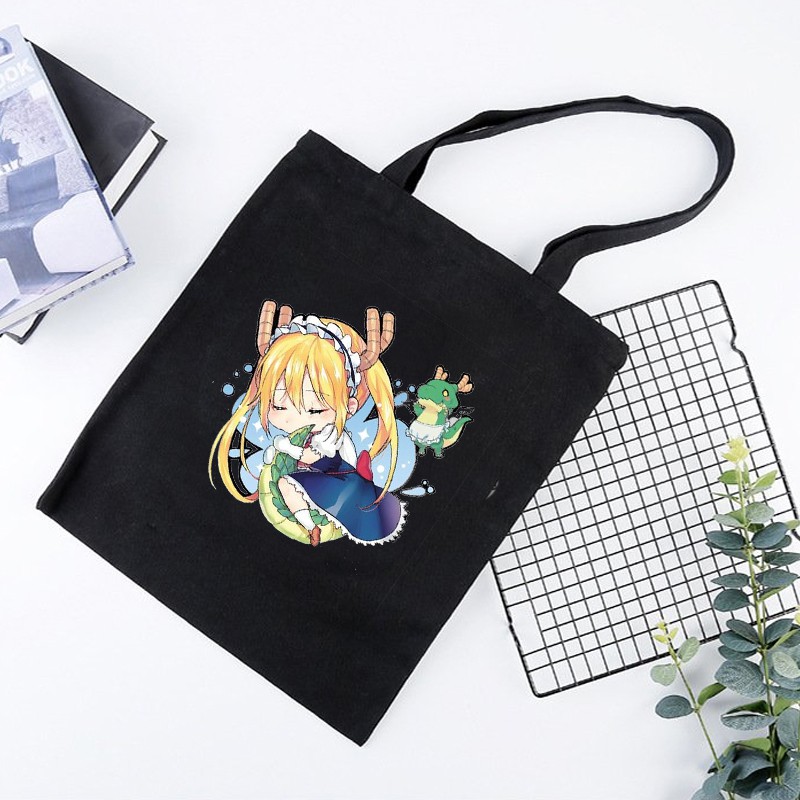 Túi tote vải đen đeo vai in hình Kobayashi-san Chi no Maid Dragon CÔ HẦU GÁI RỒNG chibi anime