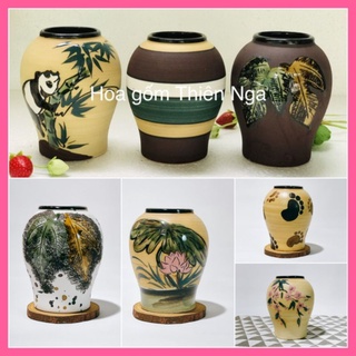 Lọ hoa gốm sứ men khô vẽ tay Bát tràng cao 14cm