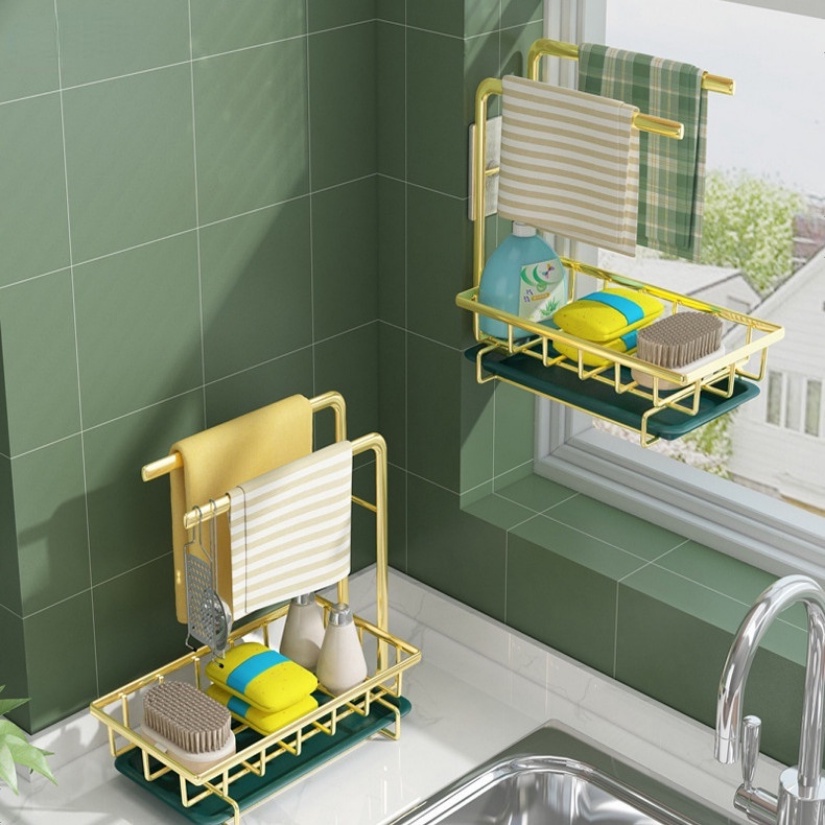 Giá để đồ rửa bát đựng  Kệ nhà bếp để nước rửa chén, khăn lau bát đĩa tiện lợi– Giá treo đồ nhà tắm dán tường có khay hứng nước Cho Nhà Bếp