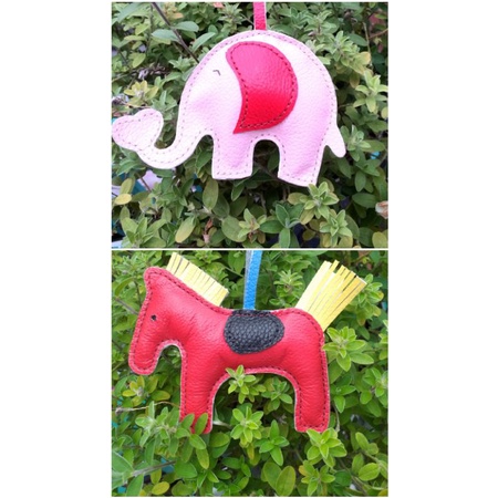 Phụ kiện treo túi ngựa, voi/charm handmade bằng da bò thật, may thủ công