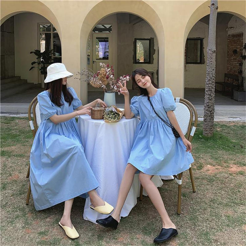 Đầm Nữ Ngắn Tay Cổ Tròn Eo Thắt Thời Trang Hàn