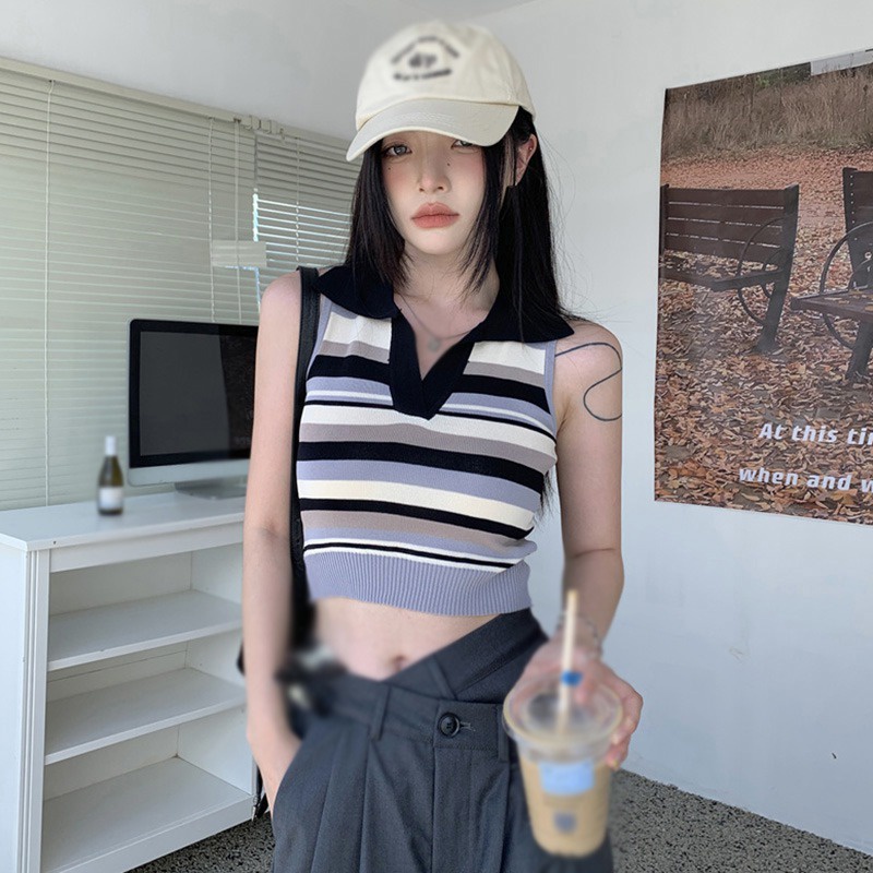 [L2M] Áo len dệt kim Montoghi 3 LỖ CỔ ĐỨC Quảng Châu sọc ngang dáng ôm croptop cực xinh