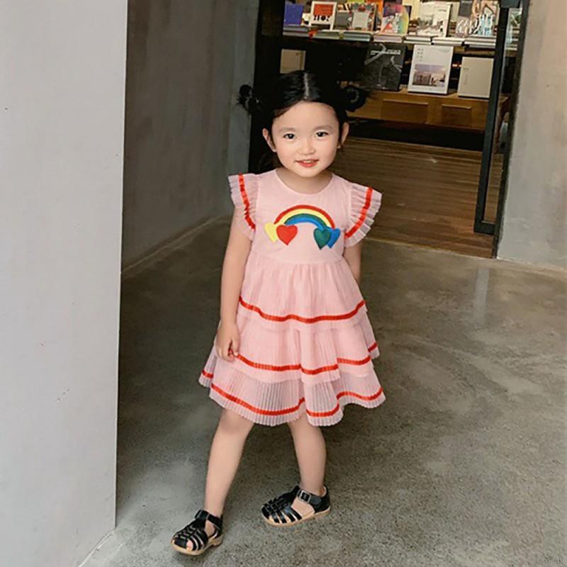 Đầm xòe thêu hình cầu vồng thời trang xinh xắn cho bé gái