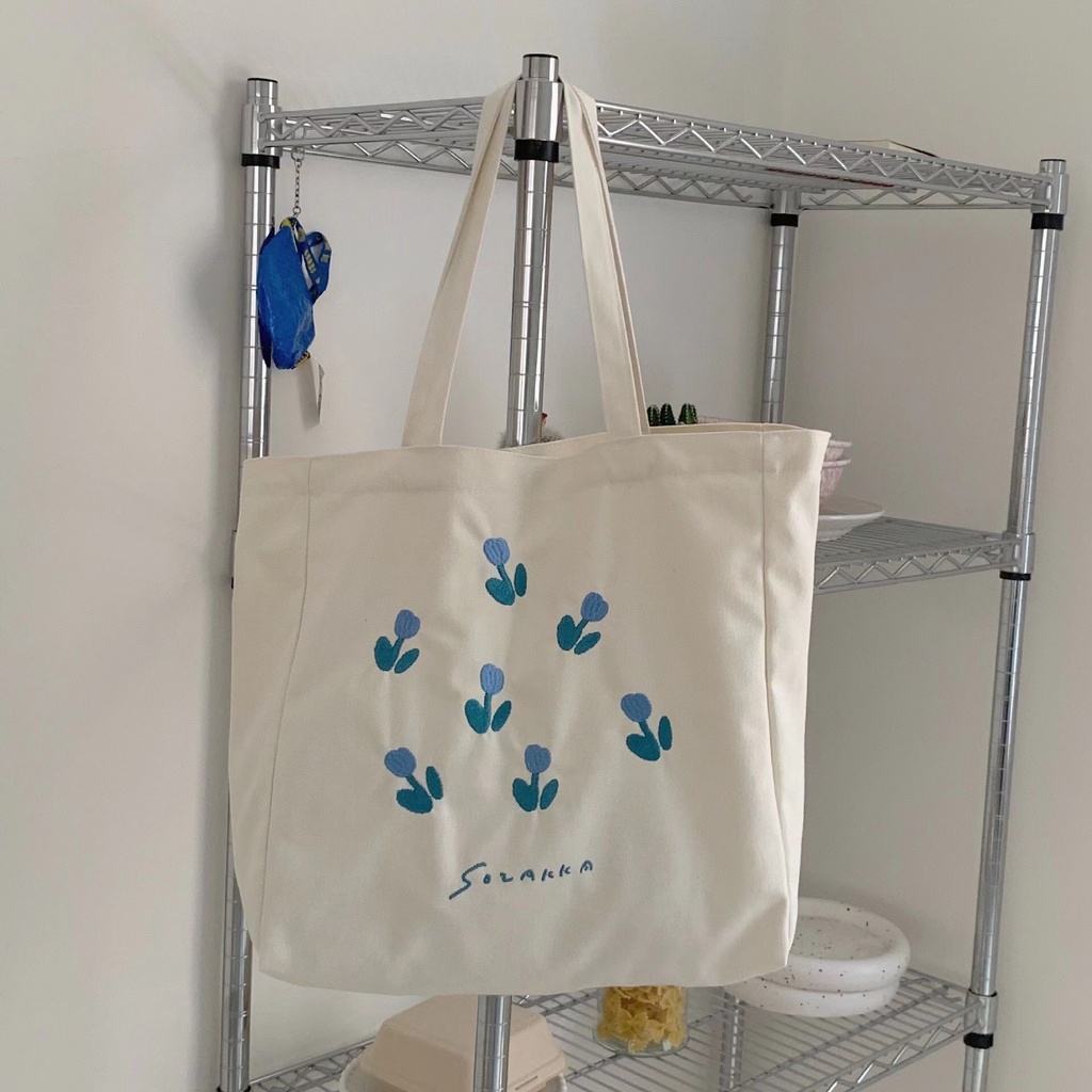 Túi Vải Canvas Thêu Hình Hoa Tulip Phong Cách Nhật Bản Mới