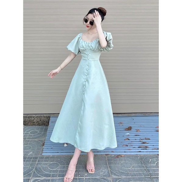 ĐẦM MIDI XANH MINT - HỒNG SEN - KEM NÚT BỌC TAY PHỒNG XẺ TÀ