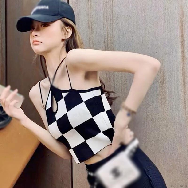 Áo Tank Top Dệt Kim Kẻ Sọc Ca Rô Dáng Ôm Hở Rốn Thời Trang Dành Cho Nữ Áo hai dây và ba lỗ