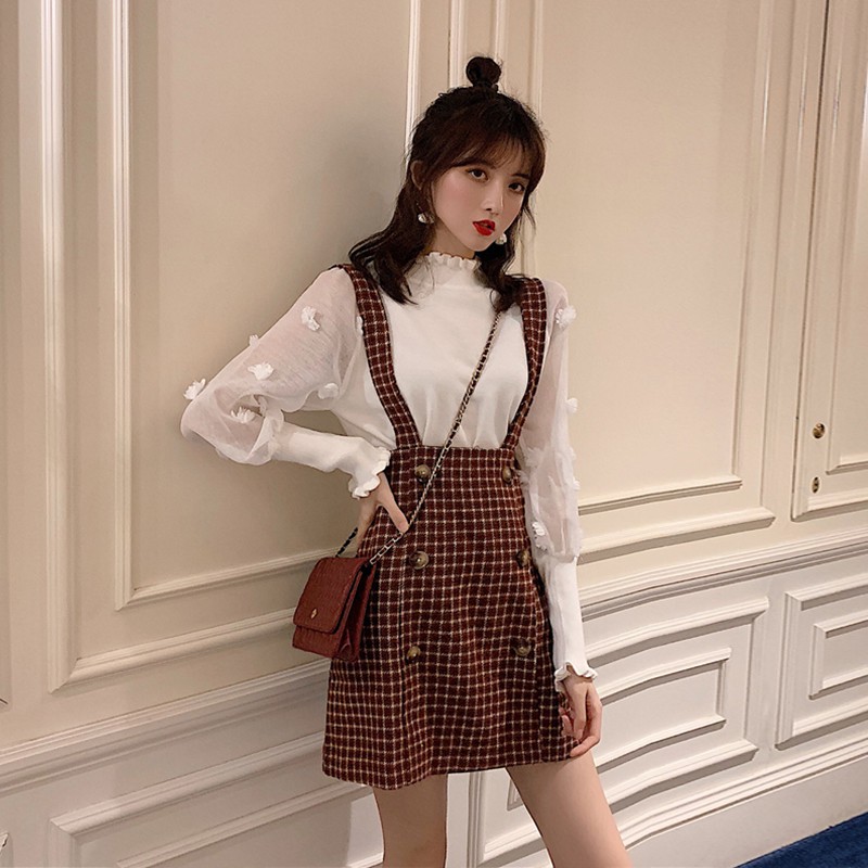 (ORDER) Set áo voan tay hoa phối chân váy kẻ sọc hai hàng cúc