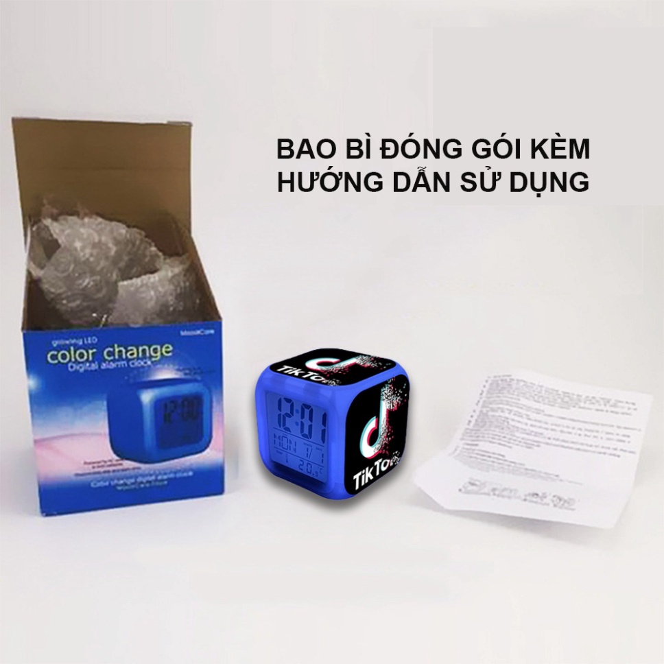 [Cute] Đồng Hồ Báo Thức Để Bàn in Hình Biểu Tượng Tiktok 2021 LED Đổi Màu. Hiển Thị Ngày Tháng, Nhiệt Độ. Tặng 4 Pin AAA