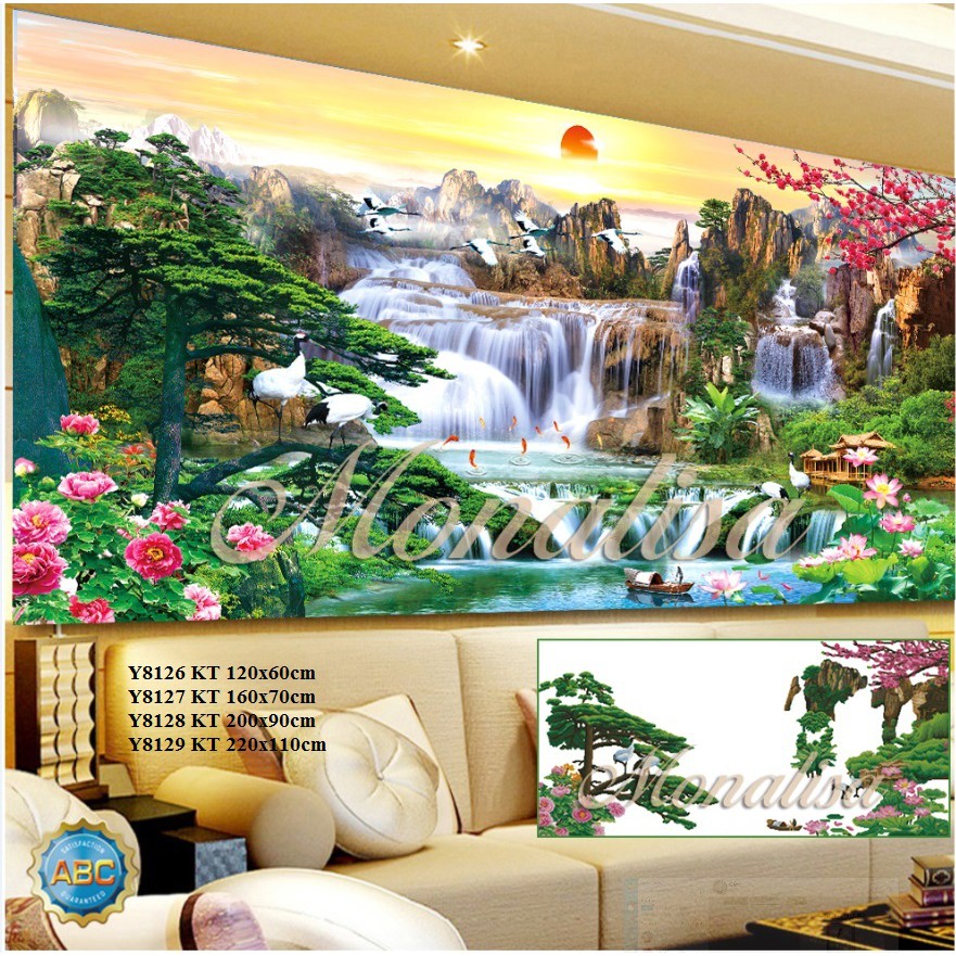 Tranh đính đá phong cảnh non nước hữu tình 120x60c,.160x70cm,200x90cm. Tranh gắn đá tự đính.