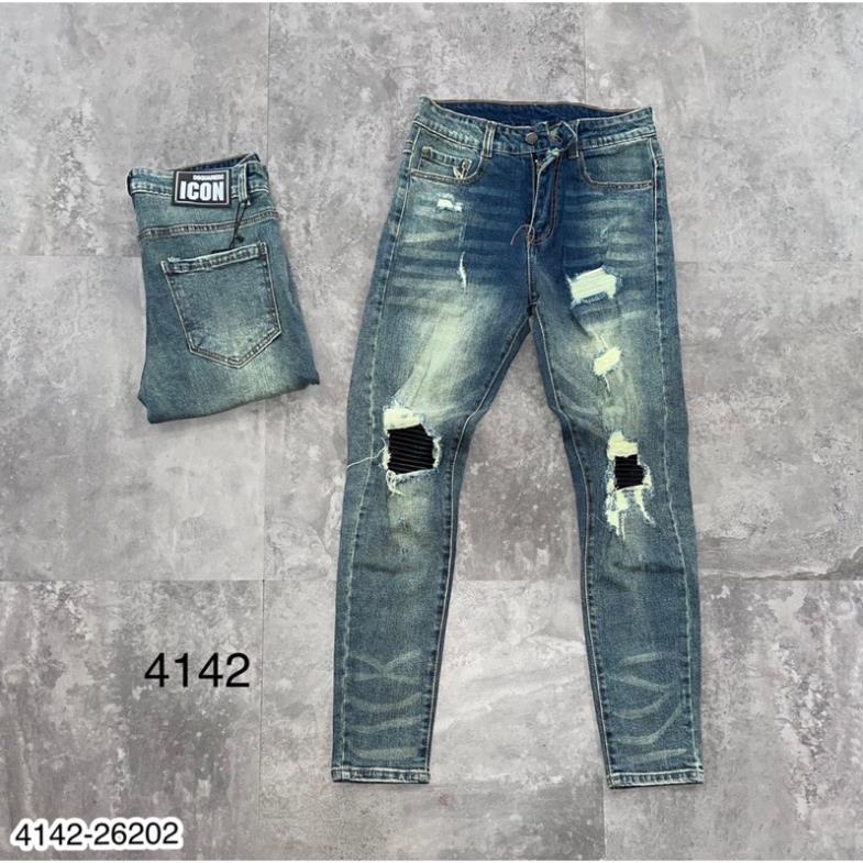 Quần Jeans Nam LV Vá Da Cực Hot - Quần Bò Xanh Amr Rách Nhẹ Cao Cấp Cho Nam