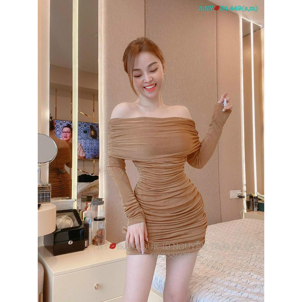 Đầm Body Trễ Vai Tay Dài Tôn Dáng,Váy Nhún Dáng Ngắn Chất Thun Gân Mềm Mịn Chuẩn From