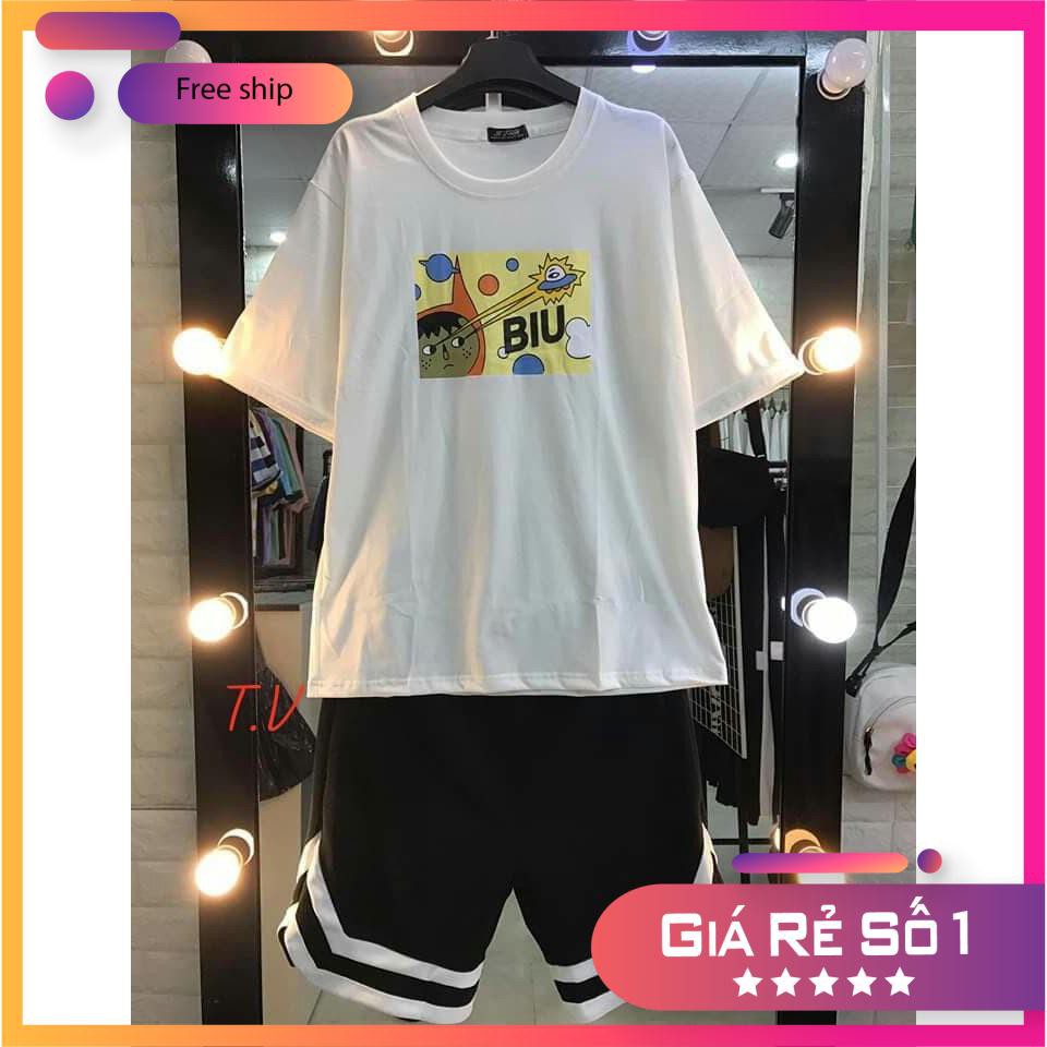 [COMBO TIẾT KIỆM] Set 1 áo unisex in chữ BIU + quần short 2 viền
