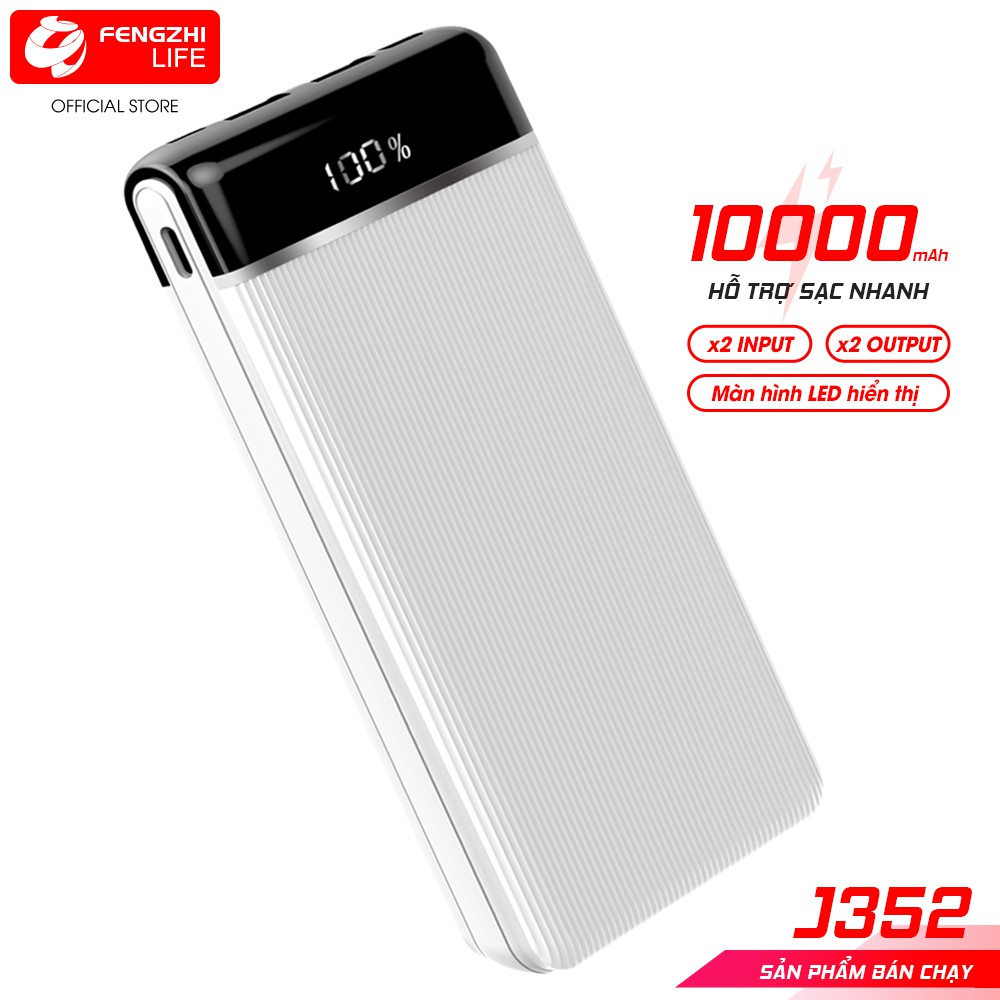 Pin Sạc dự phòng 10000mAh mini mỏng gọn có màn hình hiển thị phần trăm pin, cổng USB 2A, FENGZHI J352