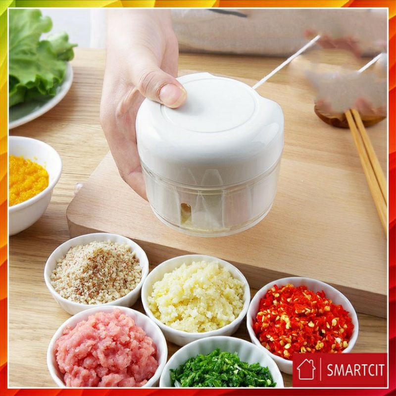 Máy xay tỏi ớt mini cầm tay nhỏ gọn, Dụng cụ xay tỏi ớt đa năng có giây kéo an toàn tiện lợi