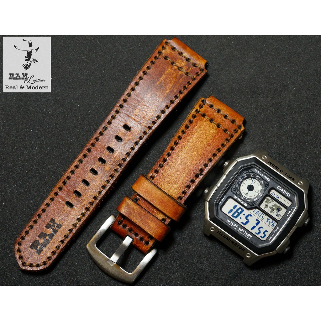 Dây đồng hồ RAM Leather vintage PILOT da bò thật nâu sáng kiểu phi công quân đội