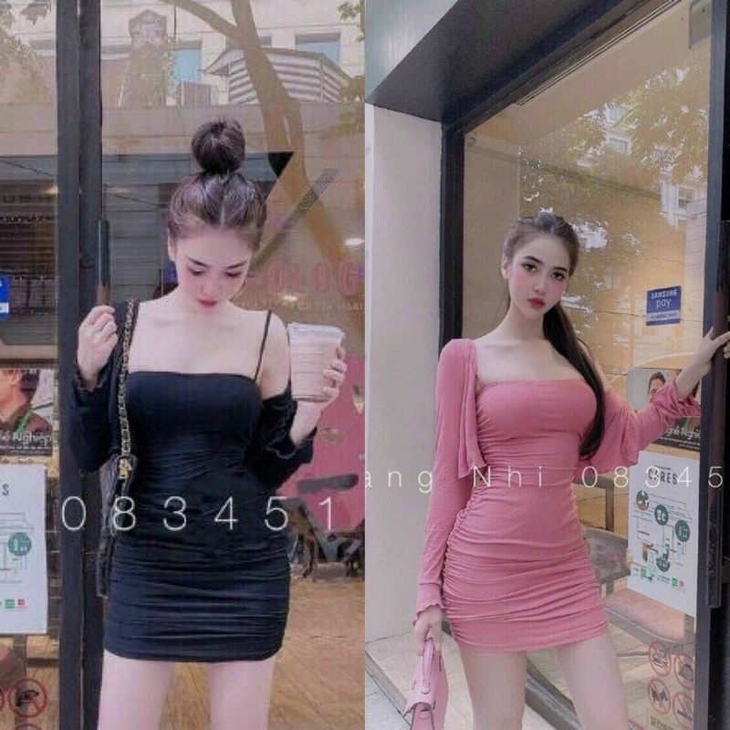 SET ĐẦM BODY NHÚN 2 MÓN KÈM ÁO KHOÁC _Mã 114