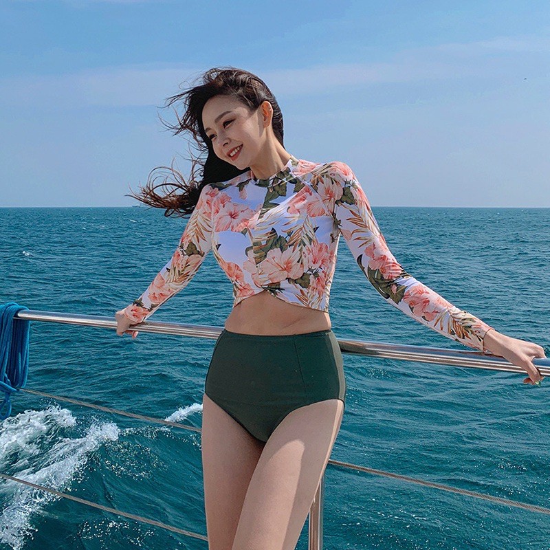 Bikini 2 mảnh dài tay quần cạp cao kín đáo Hàn Quốc đi biển CiCi