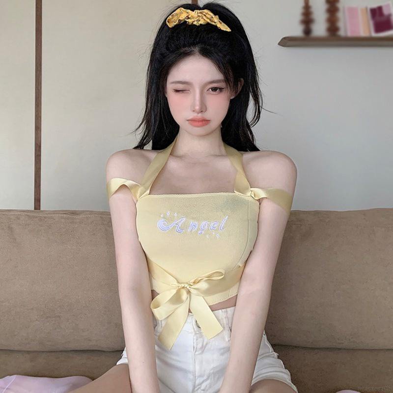 Áo Croptop Dệt Kim Trễ Vai Tay Ngắn In Chữ Phong Cách Hàn Quốc Quyến Rũ Cho Nữ | BigBuy360 - bigbuy360.vn
