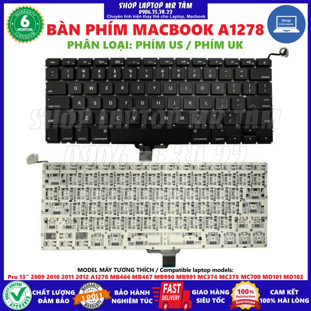 (KEYBOARD) BÀN PHÍM LAPTOP MACBOOK A1278 dùng cho Pro 13" 2009 2010 2011 2012 A1278 MB466 MB467 MB990 MB991 MC374