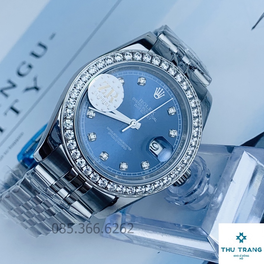 Đồng hồ nam Rolex cơ Automatic máy nhật mẫu Classic xanh viền đá dây thép trắng size 40-41mm