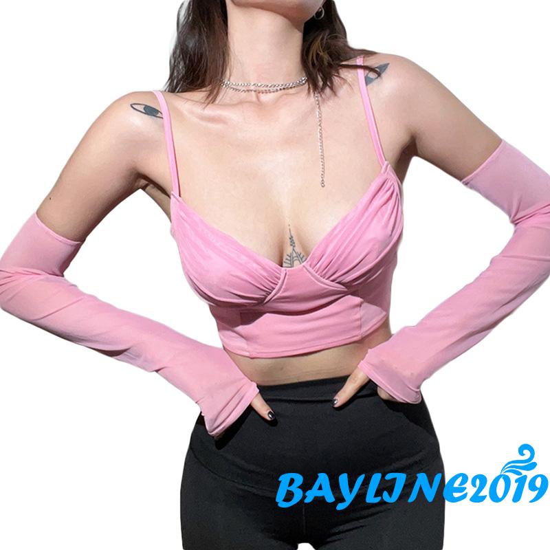 Áo croptop hai dây cổ chữ V tay lửng màu trơn đơn giản dành cho nữ