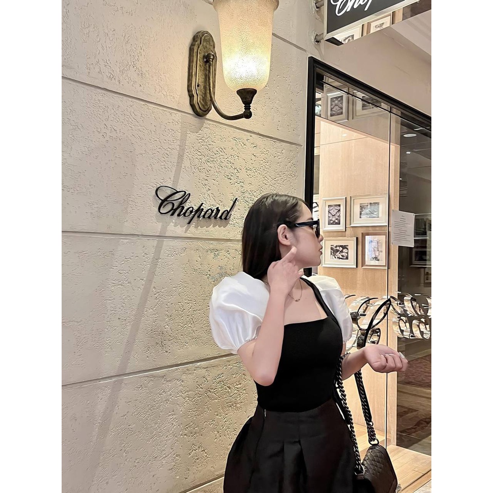 Áo Tafta Croptop Cổ Vuông Vai Bồng Sang Xịn  TN1439