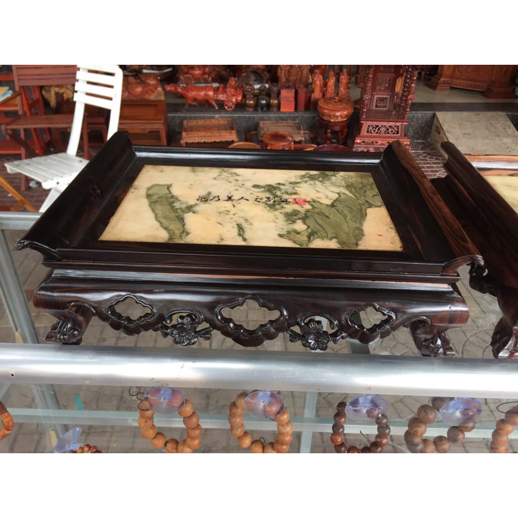 Khay trà khảm đá gỗ mun hoa 38x28x12cm