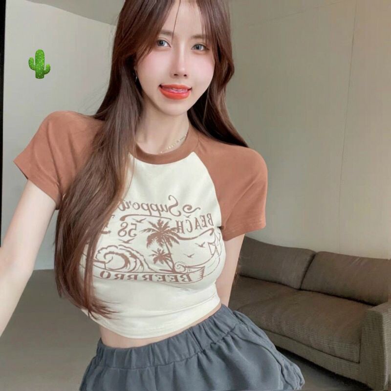Áo THUN TAY NGẮN ÔM BODY DÁNG Croptop phối in chữ siêu xinh alohashop91