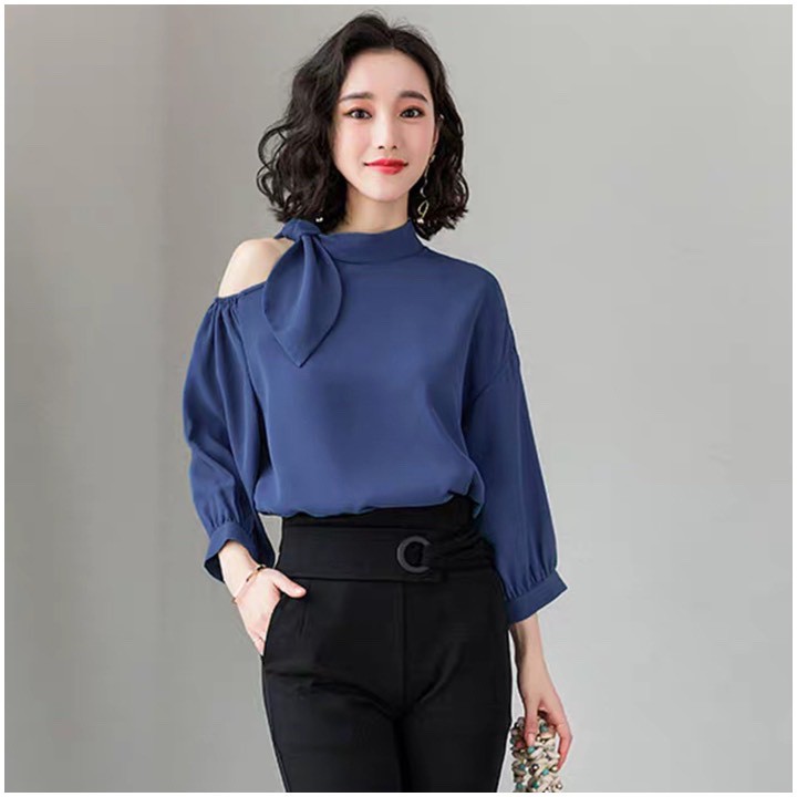 Áo nữ công sở nơ cổ áo kiểu nữ tay lỡ chất liệu mềm mịn