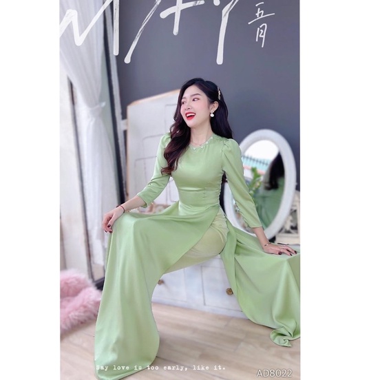 Áo dài trơn cổ mix ngọc kèm quần