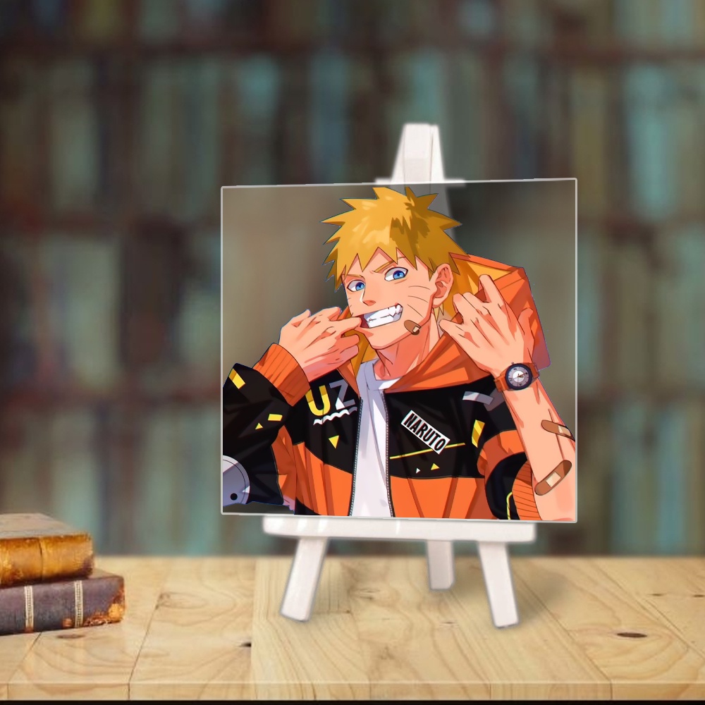 Tranh kính in hình NARUTO ĐẠI CHIẾN LÀNG LÁ DRAGON BALL anime chibi acrylic mica trưng bày trang trí góc học tập giá gỗ