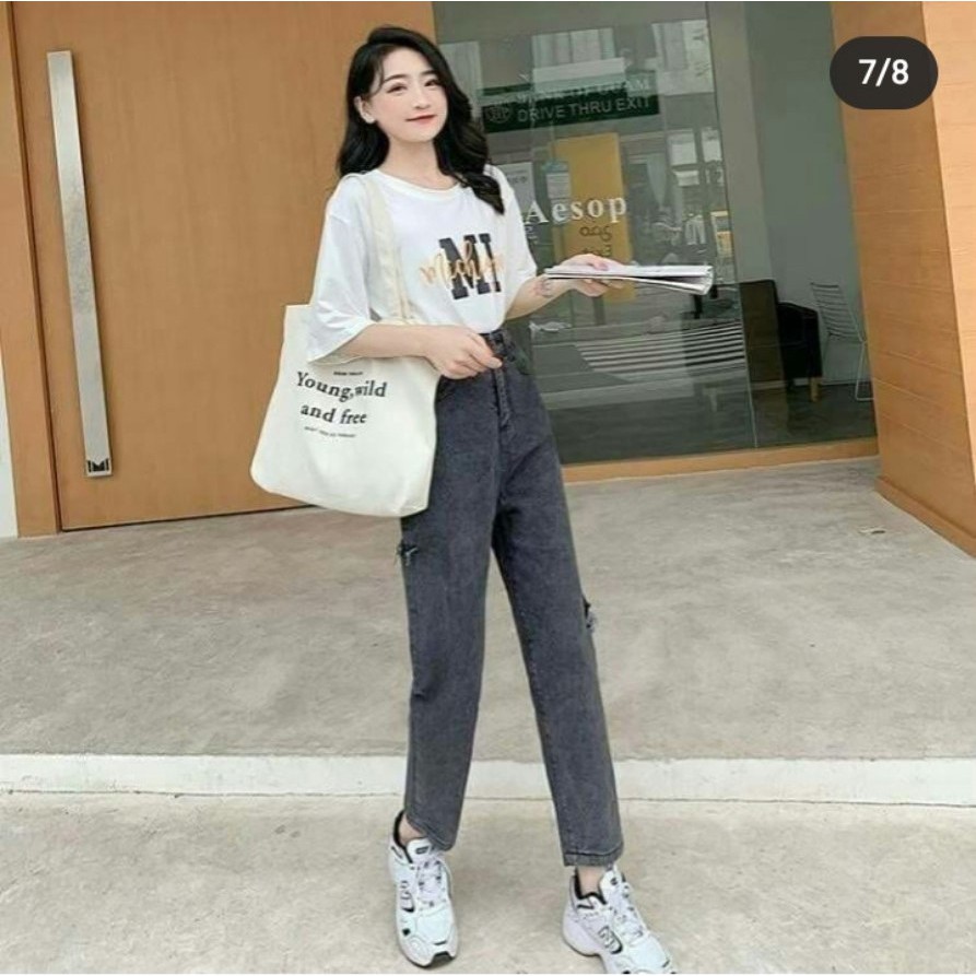 Quần Jeans Nữ Dáng Baggy Họa Tiết Trơn Chất Liệu Vải Bò Denim Không Giãn Cạp Cao Màu Xám Rách 2 Be Lệch-NITIQC