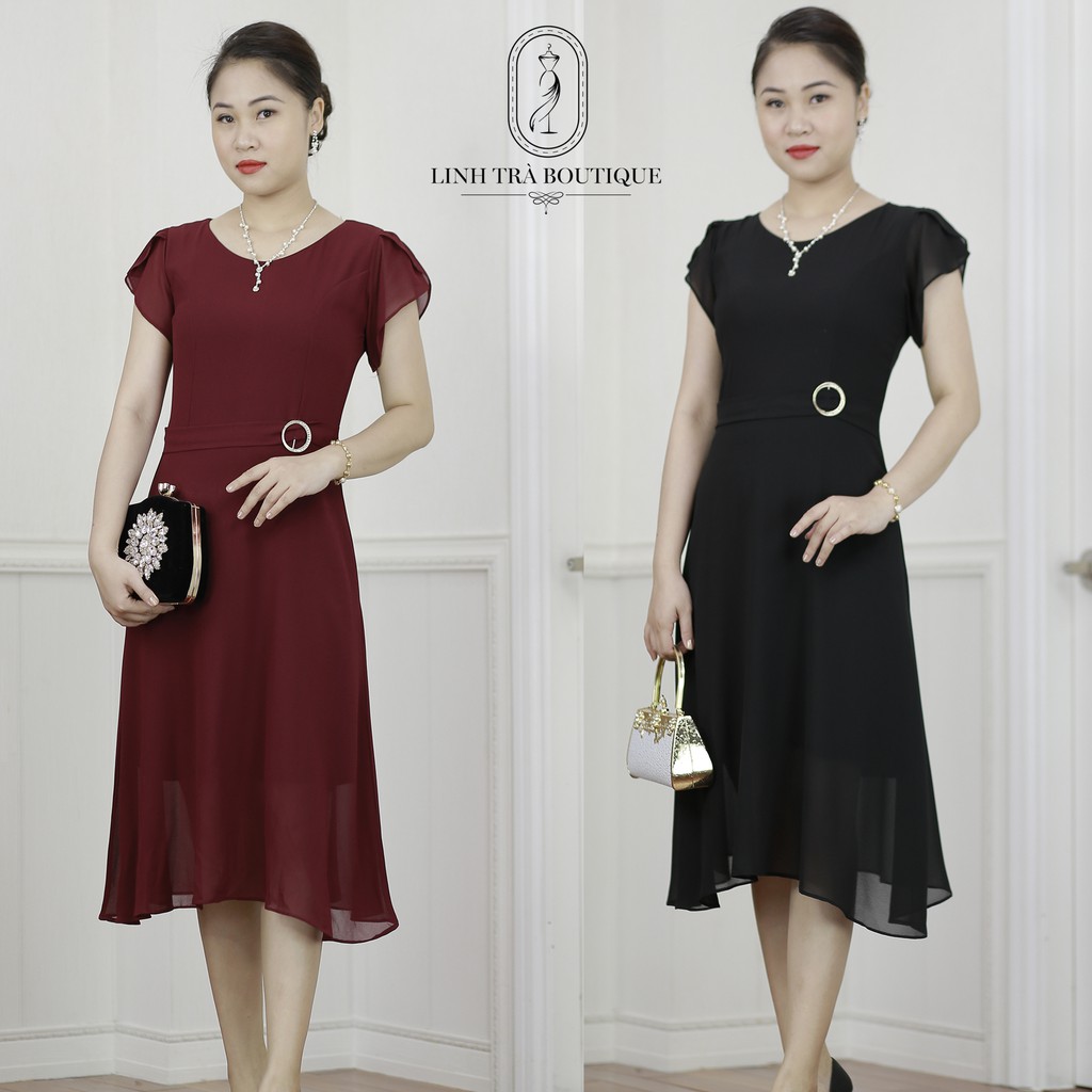 Đầm trung niên cao cấp [LINH TRÀ] đầm voan kèm thắt lưng eo liền có điểm nhấn khoen eo- TM 129