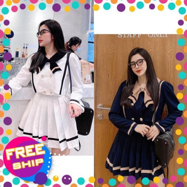 SALE 10.10 Ảnh thật - Set áo cổ nơ thuỷ thủ mix chân váy xếp ly .