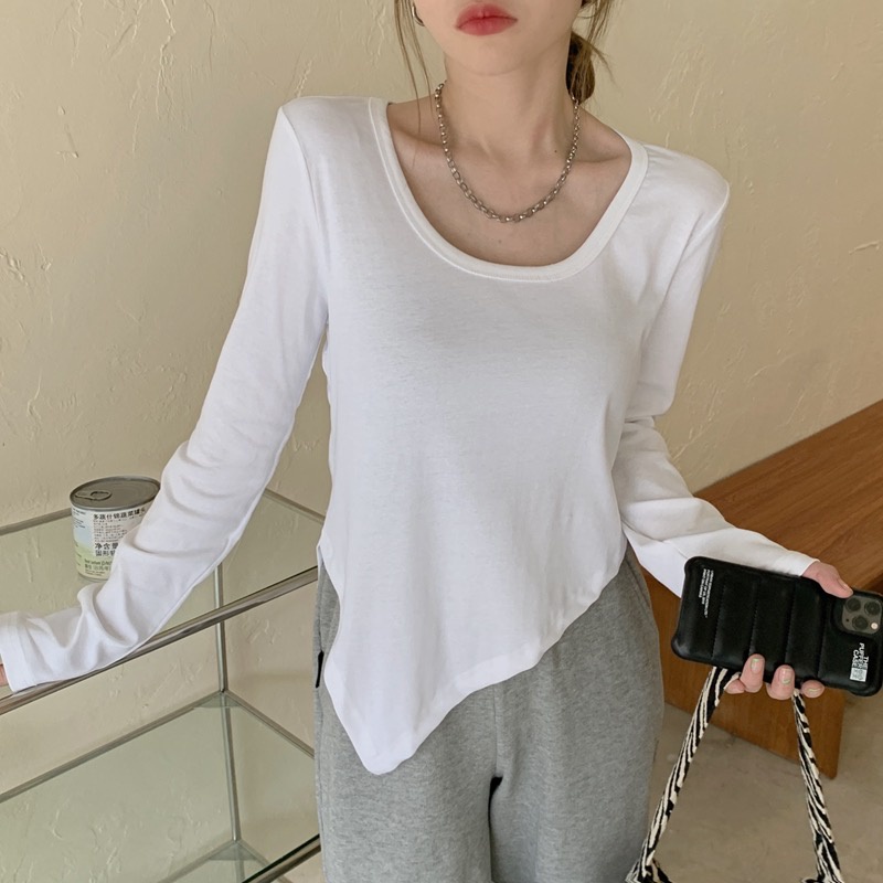 Áo Thun Dài Tay Cổ Tròn Dáng Rộng Thiết Kế Không Đồng Đều Thời Trang Theo Phong Cách Hàn Quốc Cho Nữ