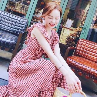 Đầm váy maxi caro đỏ phối bèo (kèm hình thật)