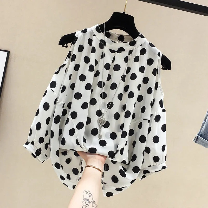 Áo Sơ Mi chiffon Tay Ngắn Hở Vai Dáng Rộng Họa Tiết Chấm Bi Thời Trang Mùa Hè Dành Cho Nữ
