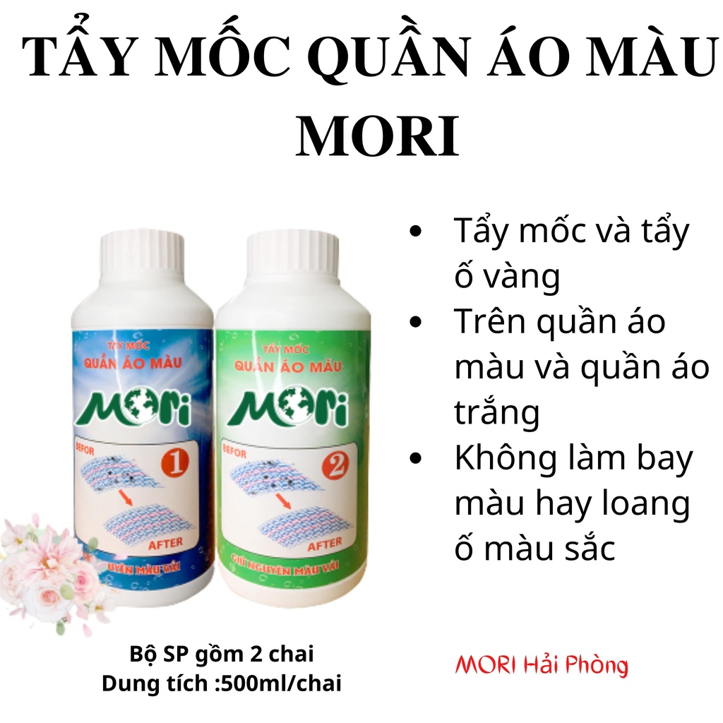 Tẩy mốc quần áo màu MORI, tẩy quần áo màu, tẩy ố mốc thâm kim hiệu quả set 2 chai 500ml