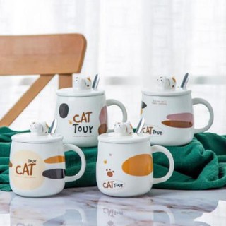 Cốc Sứ Có Nắp Đậy Hình Mèo Cat Tour Ngộ Nghĩnh 400ml