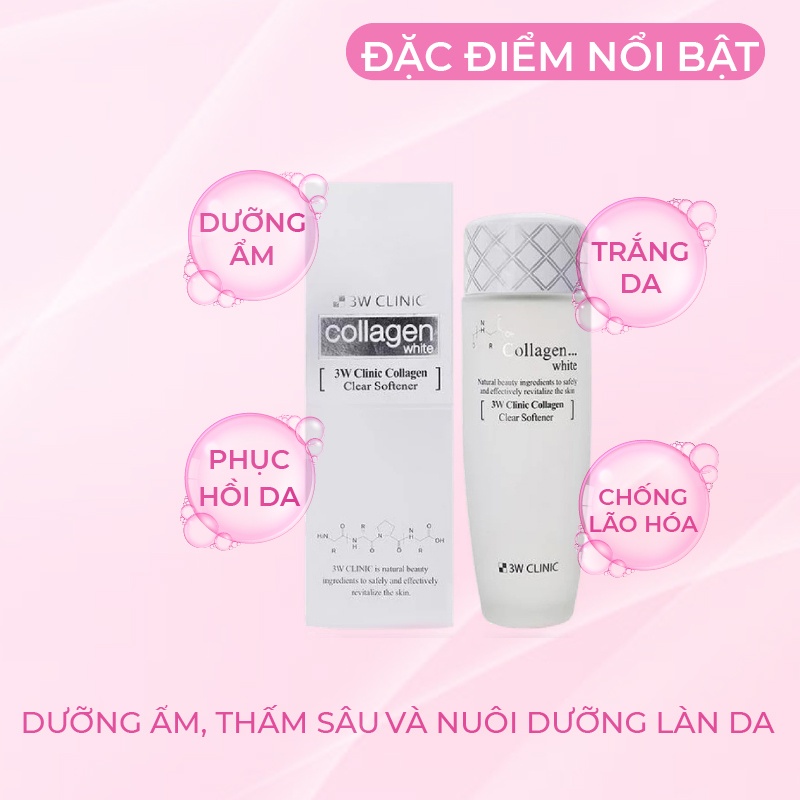 Nước Hoa Hồng Trắng Da 3W CLINIC Hàn Quốc Chiết Xuất Từ Collagen Giúp Se Khít Lỗ Chân Lông Mềm Mịn Da 150ml