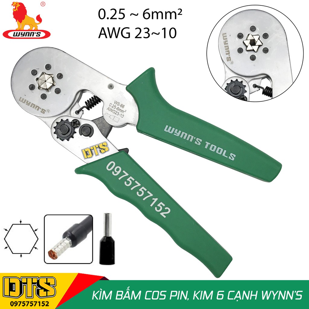 Kìm bấm cos lục giác trợ lực WYNN'S WS-66 0.25-6mm2 HSC8 6-6, tự điều chỉnh cos ống tròn, cos pin rỗng, độ chính xác cao