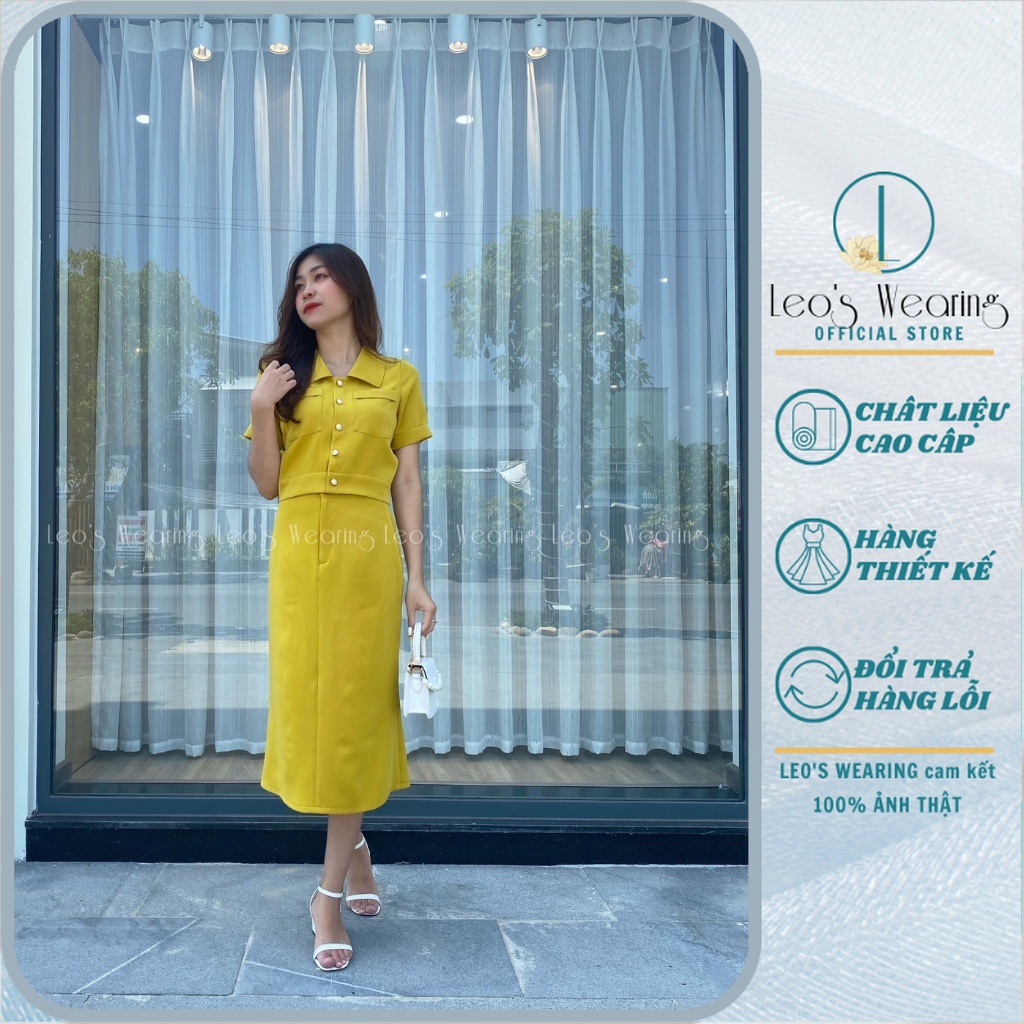 Set chân váy công sở dài qua gối mix áo sơ mi tay ngắn LEOSWEARING Q20