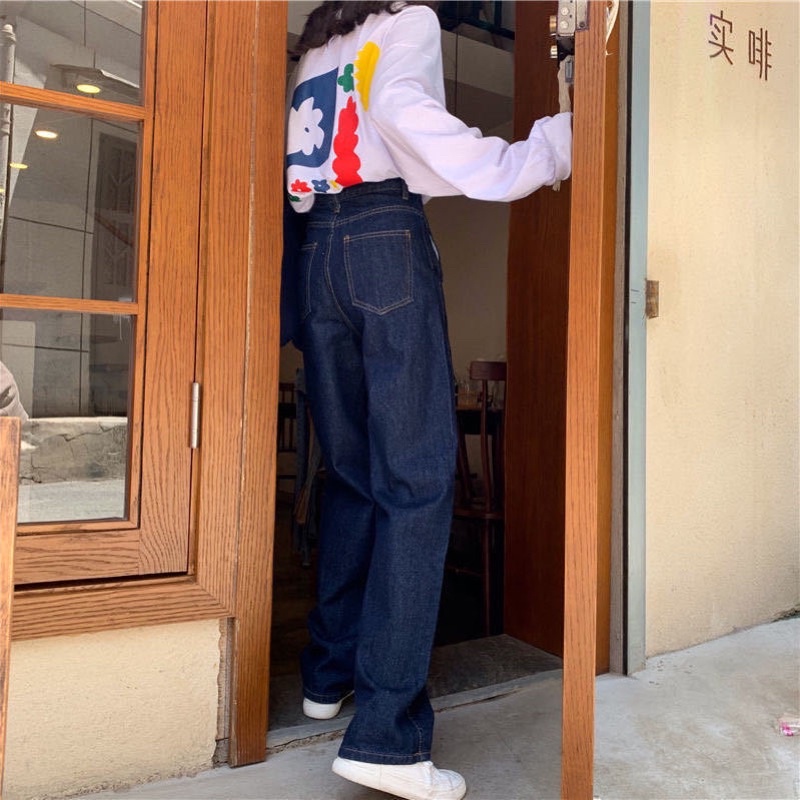 Quần Jean Ống Suông Nữ Màu Xanh Than, Quần Bò Ống Đứng Dài Cạp Cao Phong Cách Ulzzang Hàn Quốc Loại 1 Chất Co Dãn