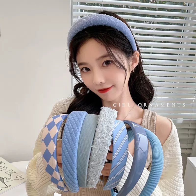 Băng Đô Cài Tóc Bản Rộng Màu Xanh Dương Phong Cách Vintage Đơn Giản Cho Nữ