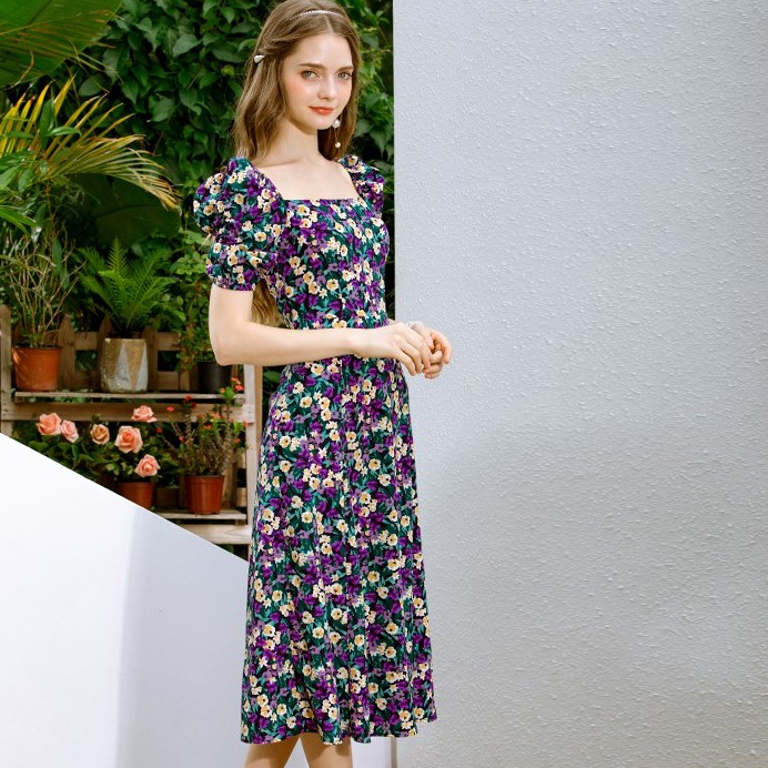 [Kèm Video SP] Váy Nữ Cao Cấp Hoa Nhí Cổ Vuông Tay Bồng Sẻ Đùi Kiểu Dáng Hiện Đại Thời Trang Sugal VAY NU 0026V3