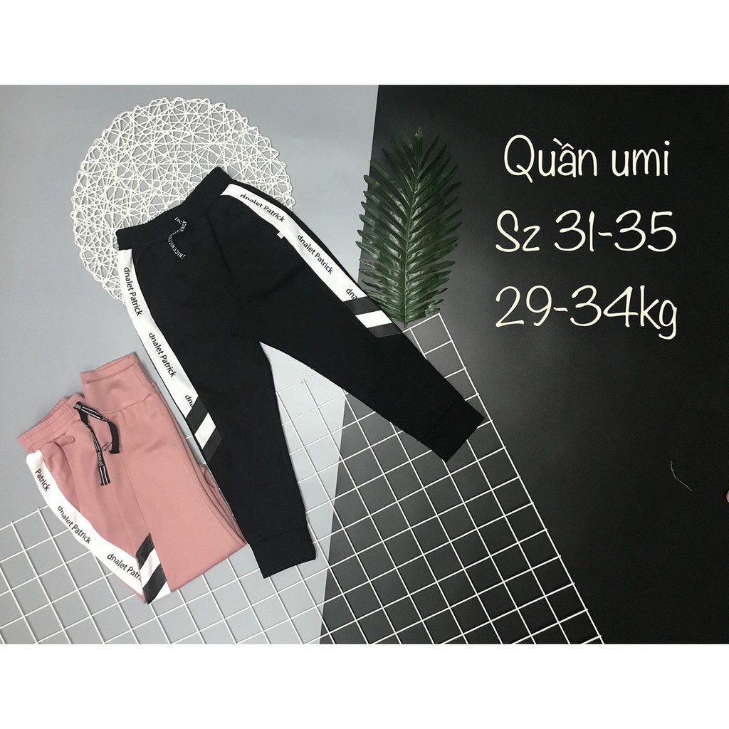 Quần dài bé gái 2-6 vải UMI in chữ dáng thể thao, quần nỉ cho bé ống rộng bo gấu