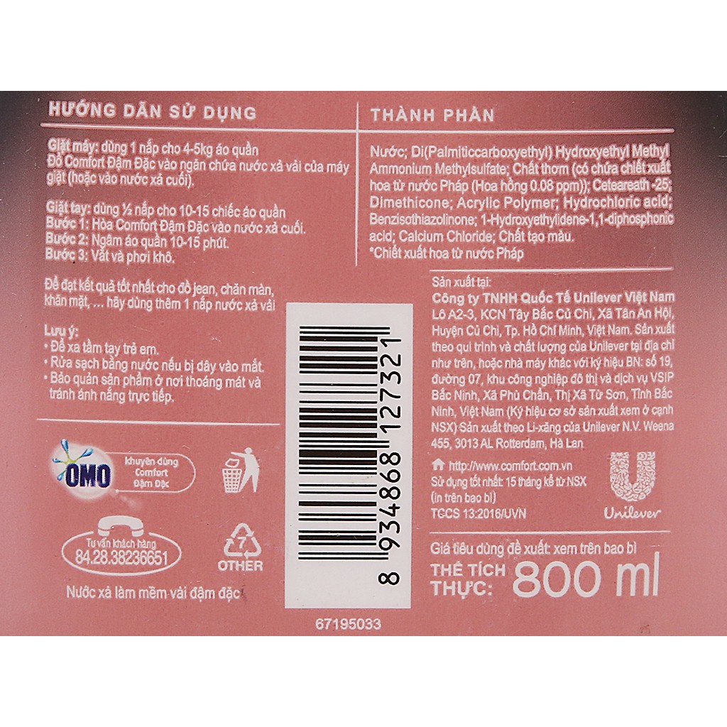 Nước xả vải Comfort hương nước hoa (chai 800ml)