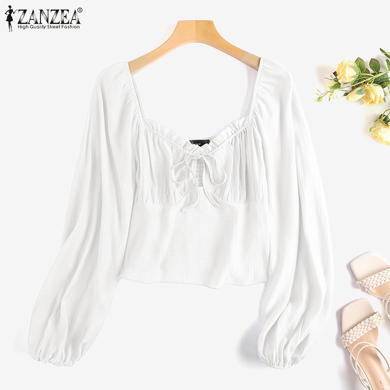 Áo kiểu ZANZEA cổ vuông tay dài lưng thun phối dây rút thời trang dành cho nữ