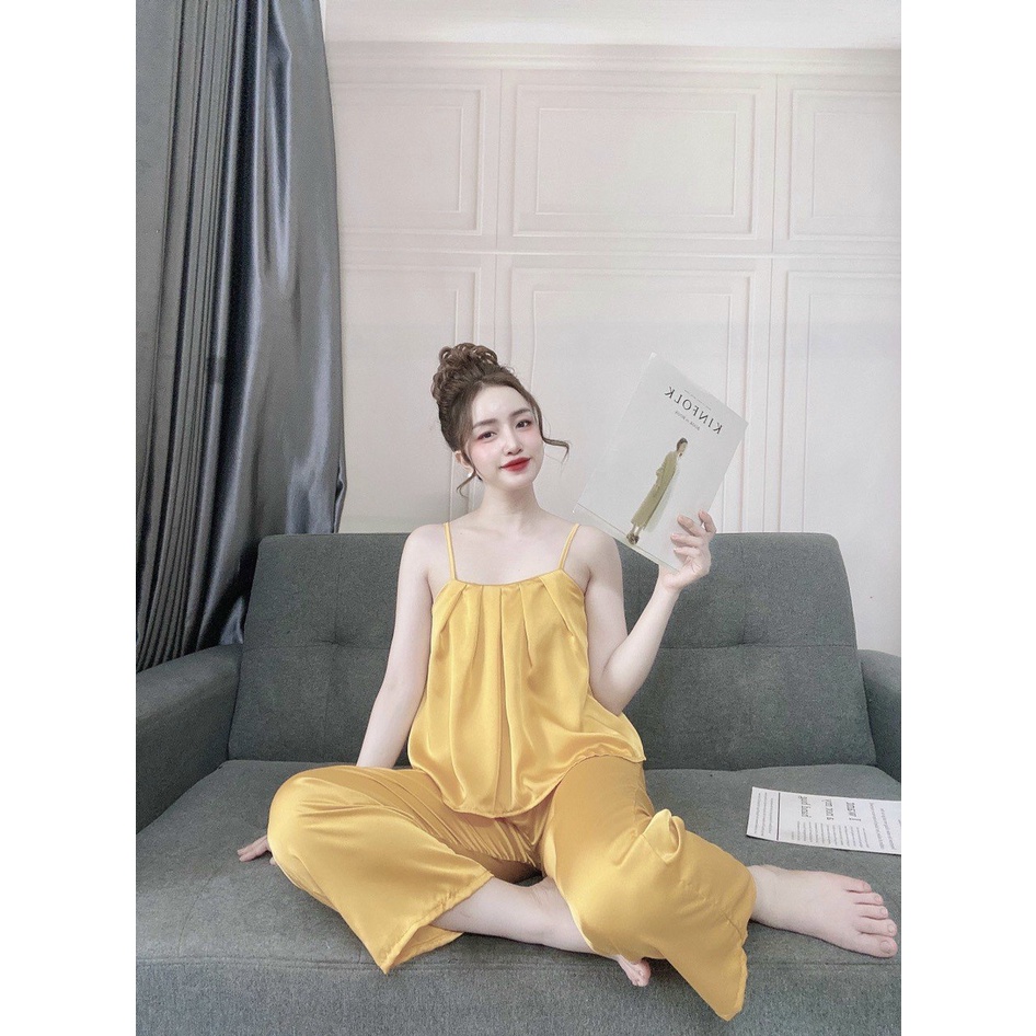 Đồ mặc nhà nữ đẹp, áo 2 dây kèm quần dài chất lụa satin đẹp, mát, ít nhăn, kiểu dáng thanh lịch, phom dưới 55kg | BigBuy360 - bigbuy360.vn